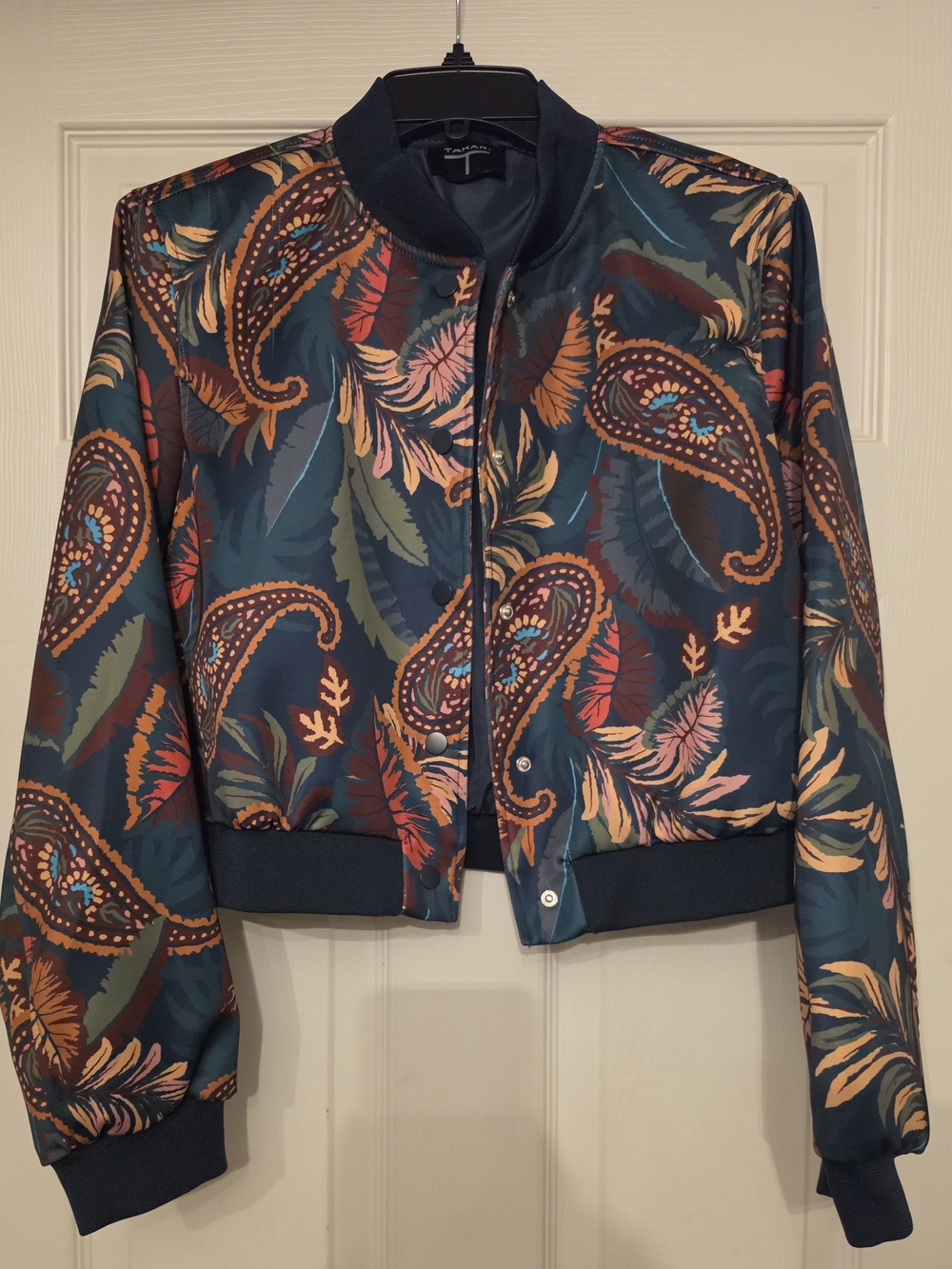 Tahari Women's Navy Paisley Floral Bomber Jacket - M - Picture 2 of 4